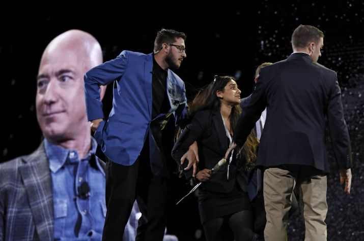 Jeff Bezos confronted by animal-rights protester during Las Vegas conference