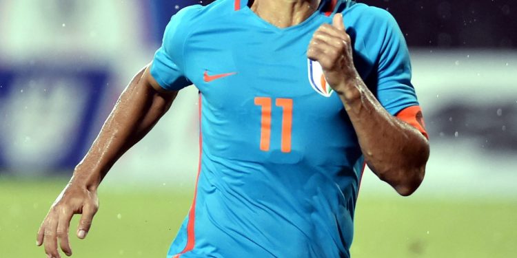 Sunil Chhetri  celebrates after striking a goal against Kenya during their Hero Intercontinental football Cup, in Mumbai, Monday