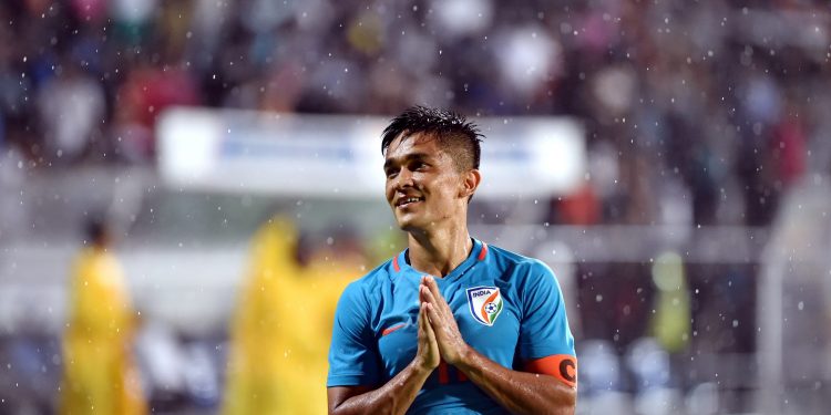 Sunil Chhetri greets the spectators after India's victory against Kenya during the Hero Intercontinental Cup in Mumbai, Monday