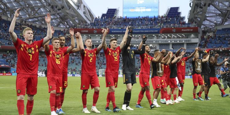 Belgium team celebrate after winning their match against Panama at the Fisht Stadium in Sochi, Russia