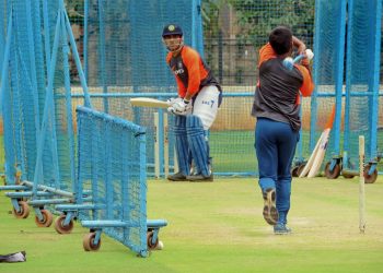 MS Dhoni bats during a net session at the National Cricket Academy (NCA), ahead of England tour, Monday