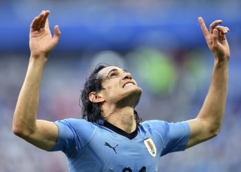 Edinson Cavani celebrates after scoring Uruguay's third goal against Russia at the Samara Arena in Samara, Russia