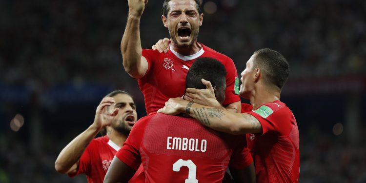 Blerim Dzemaili (top) celebrates after scoring Switzerland's first goal against Costa Rica at the Nizhny Novgorod Stadium, Russia