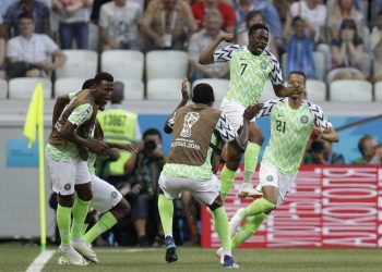 Ahmed Musa (No.7) celebrates with teammates after scoring the second goal for Nigeria against Iceland, Friday