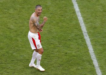 Aleksandar Kolarov celebrates after scoring the winner against Costa Rica at Samara Arena, Sunday