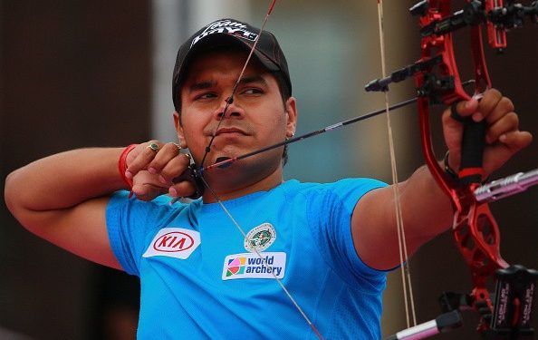 Abhishek Verma takes aim during the Archery World Cup at Salt Lake City, USA, Sunday