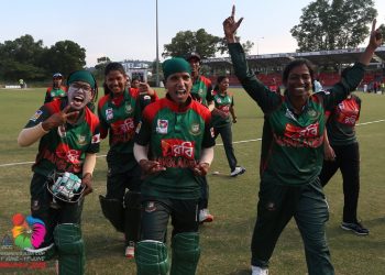 Bangladesh players are ecstatic after beating India at the Women's Asia Cup T20 in Kuala Lumpur, Wednesday