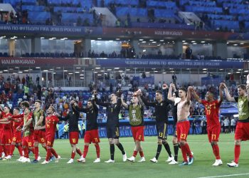 The Belgium team celebrate their win over England at  the Kaliningrad Stadium, Russia,
