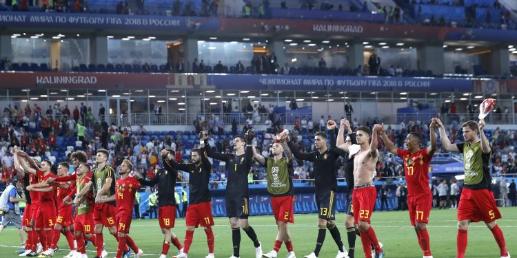 The Belgium team celebrate their win over England at  the Kaliningrad Stadium, Russia,