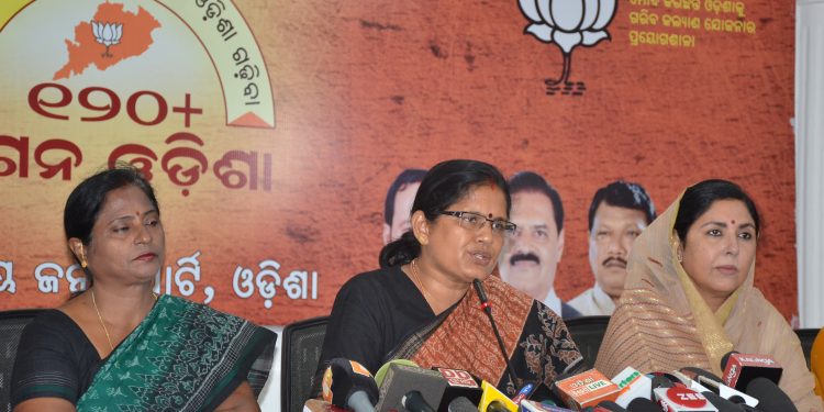 BJP women's wing president Pravati Parida addresses media at the party office in Bhubaneswar, Monday