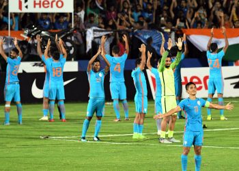 Sunil Chhetri with teammates celebrate their win over Kenya at the Hero Intercontinental Cup final match in Mumbai, Sunday       