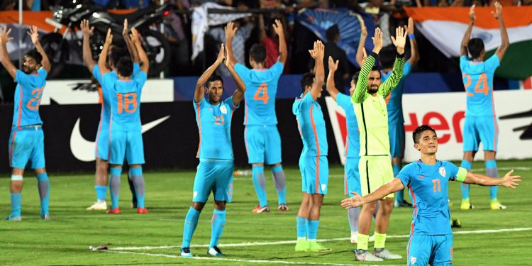 Sunil Chhetri with teammates celebrate their win over Kenya at the Hero Intercontinental Cup final match in Mumbai, Sunday       