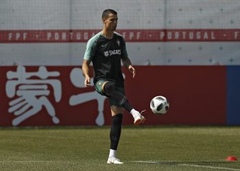 Cristiano Ronaldo plays the ball with during the training session of Portugal in Kratovo, Russia, Saturday