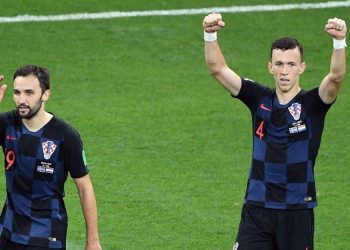 Goal scorers Milan Badelj and Ivan Perisic (R) celebrate Croatia’s win over Iceland at Rostov-on-Don, Tuesday