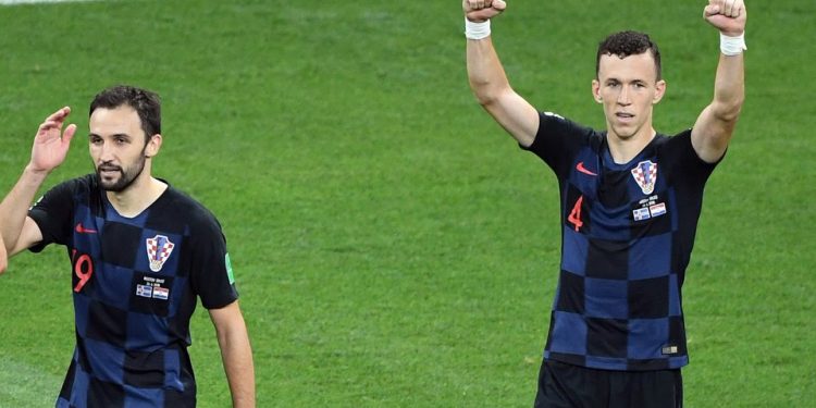 Goal scorers Milan Badelj and Ivan Perisic (R) celebrate Croatia’s win over Iceland at Rostov-on-Don, Tuesday