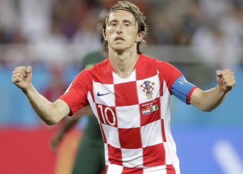 Luka Modric celebrates after scoring from the spot against Nigeria in the Kaliningrad Stadium, Russia