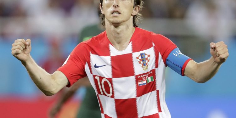 Luka Modric celebrates after scoring from the spot against Nigeria in the Kaliningrad Stadium, Russia