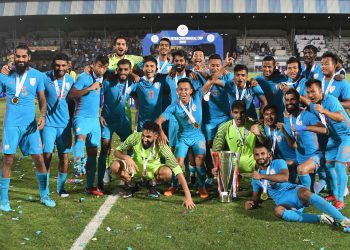 Indian team celebrate with the winning trophy after beating Kenya in final at the Hero International Cup football, in Mumbai Sunday