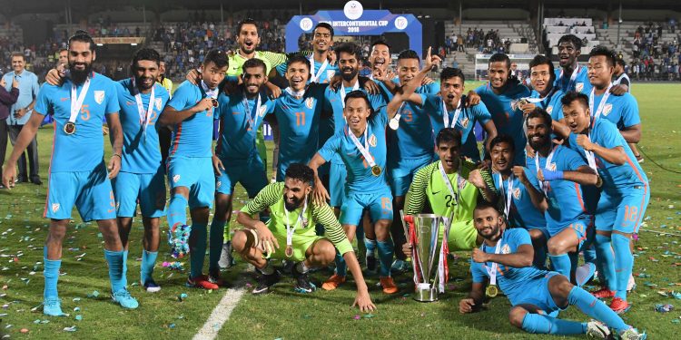 Indian team celebrate with the winning trophy after beating Kenya in final at the Hero International Cup football, in Mumbai Sunday