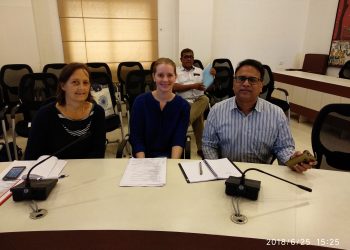 FIH events director Gabrielle van Zwieten (L), HI CEO Elena Norman (2nd from L) and Vishal Dev, secretary of department of sports and youth affairs during a meeting at the Secretariat in Bhubaneswar, Monday