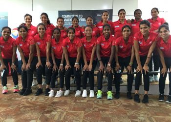 The Indian women's hockey team pose for a photograph before their departure, Saturday