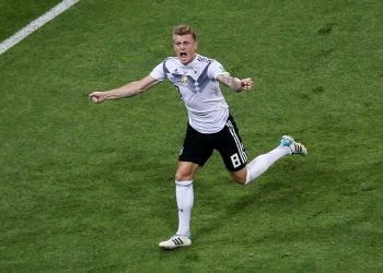 Man of the match Toni Kroos celebrates after scoring the German equaliser against Sweden, Saturday