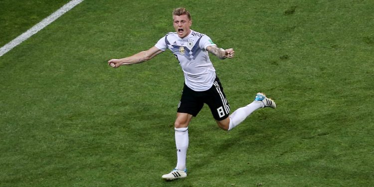 Man of the match Toni Kroos celebrates after scoring the German equaliser against Sweden, Saturday