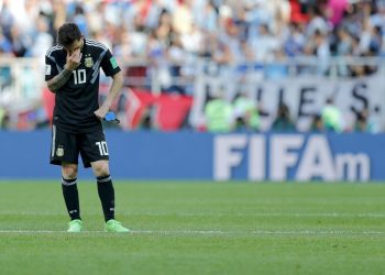 Lionel Messi covers his face after missing the penalty against Iceland at the Spartak Stadium in Moscow