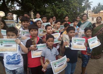 Winners of State Schools’ Open Chess Championship pose with their trophies and certificates in Bhubaneswar, Sunday    