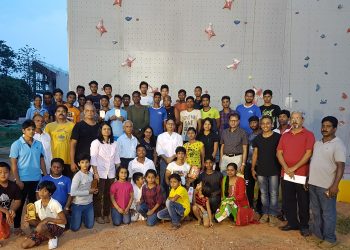 Participants and winners of various categories at the State Sports Climbing Championships pose with dignitaries and guests at the Kalinga Stadium complex, Sunday