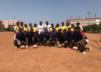 Rugby players selected to the Odisha teams for the nationals pose for a group photo