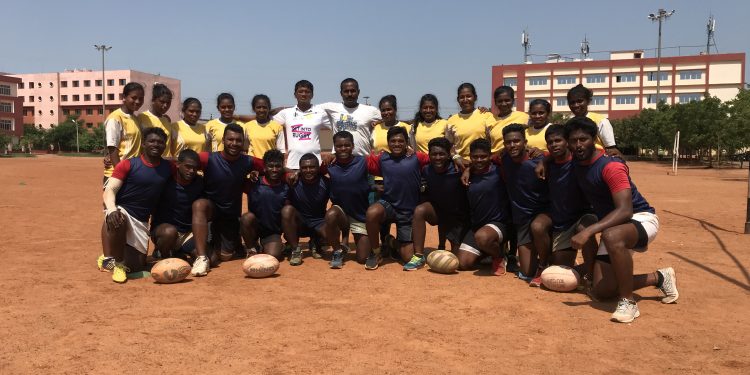 Rugby players selected to the Odisha teams for the nationals pose for a group photo