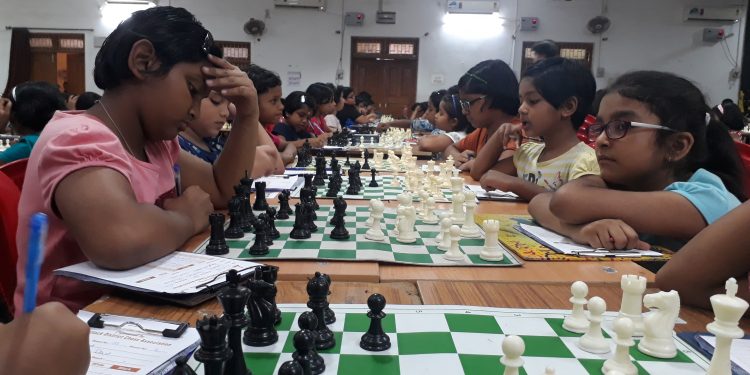 Players in action during their U-15 State Open Chess Championships matches in Cuttack, Tuesday