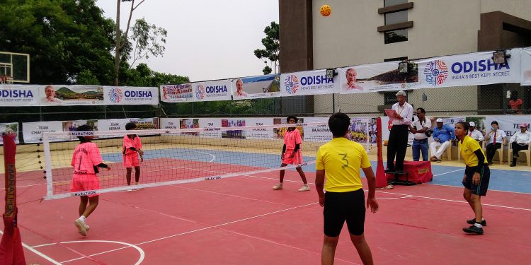 Action during a match between Odisha and Gujarat girls in Bhubaneswar, Saturday 