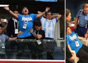 The two faces of Diego: Maradona exploding with joy after Lionel Messi’s first goal; Being attended to by paramedics at the St Petersburg Stadium’s VIP enclosure