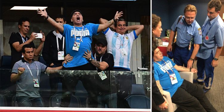 The two faces of Diego: Maradona exploding with joy after Lionel Messi’s first goal; Being attended to by paramedics at the St Petersburg Stadium’s VIP enclosure