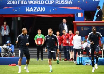 (From L) France forwards Kylian Mbappe, Antoine Griezmann and Ousmane Dembele during a training session in Kazan