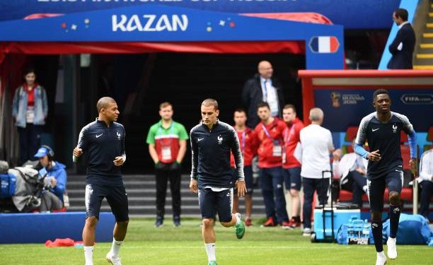 (From L) France forwards Kylian Mbappe, Antoine Griezmann and Ousmane Dembele during a training session in Kazan