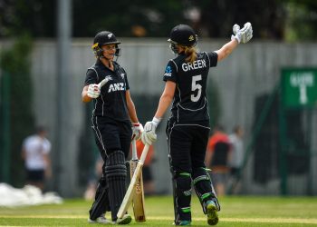 Suzie Bates  and Maddy Green during their match against Ireland in Dublin, Friday