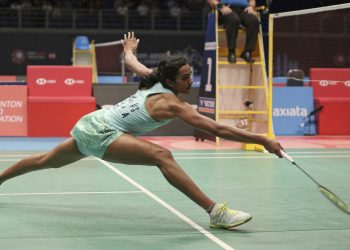 PV Sindhu stretches to return during her match against Tai Tzu Ying which she lost at Kuala Lumpur, Saturday     