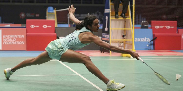 PV Sindhu stretches to return during her match against Tai Tzu Ying which she lost at Kuala Lumpur, Saturday     