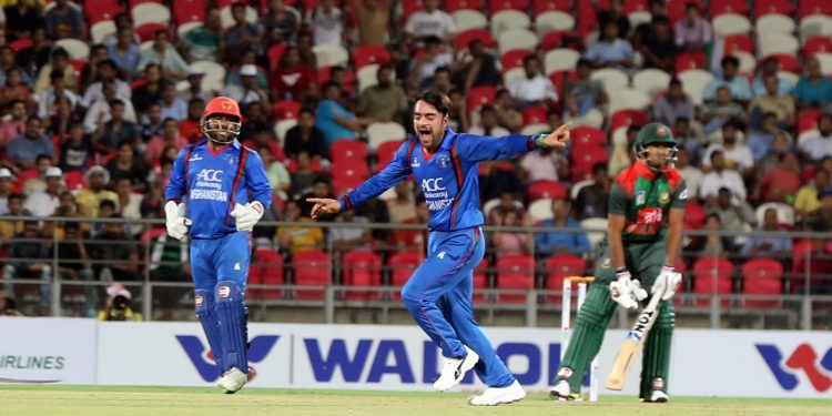 Rashid Khan celebrates after dismissing a Bangladeshi batsman, Tuesday