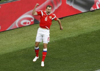 Denis Cheryshev celebrates after scoring against Saudi Arabia in their opening World Cup match at the Luzhniki stadium in Moscow, Thursday