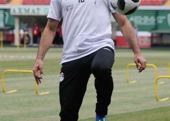Mohamed Salah in action during Egypt’s training session at the Akhmat Arena stadium in Grozny, Saturday