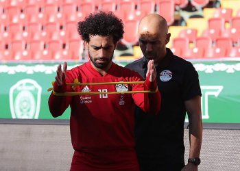 Mohamed Salah goes through the training drills under the supervision of a support staff, Wednesday