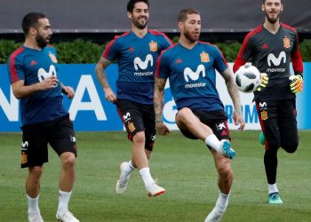 (From L): Dani Carvajal, Isco, Sergio Ramos and David de Gea during Spain’s training session ahead of their Group B game against Morocco