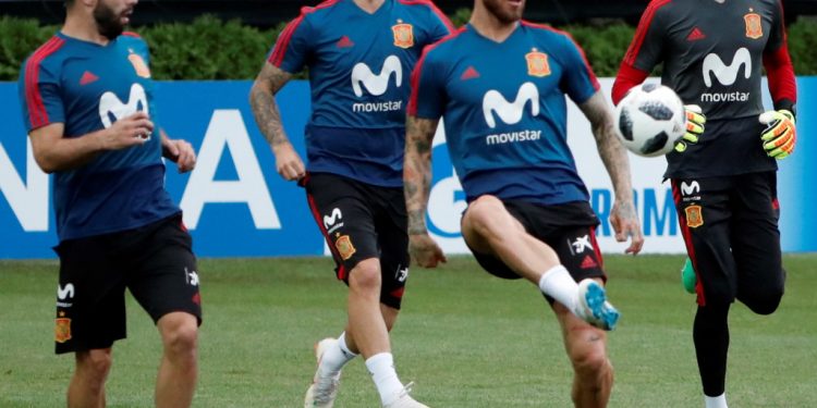 (From L): Dani Carvajal, Isco, Sergio Ramos and David de Gea during Spain’s training session ahead of their Group B game against Morocco