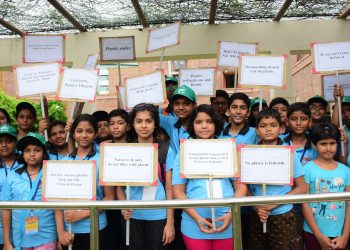 Schoolchildren on a campaign mode at RMNH in Bhubaneswar, Friday