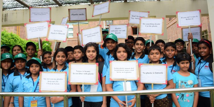 Schoolchildren on a campaign mode at RMNH in Bhubaneswar, Friday