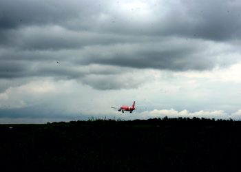An Aeroplane approaches the landing strip at Biju Patnaik International Airport under an overcast sky in Bhubaneswar Thursday